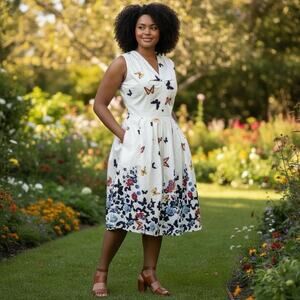 Bella Poque Dress 2XL Butterfly Floral Pockets A-line Cottagecore Rockabilly VTG